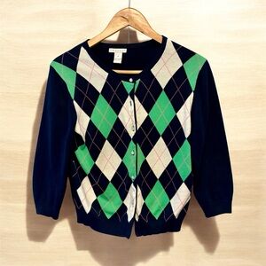 Tweeds Navy, White & Green Argyle Cardigan Sweater, Womens size Medium